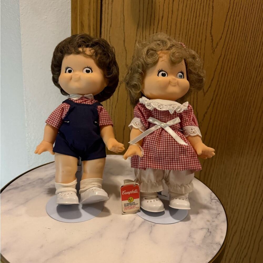 Vintage Cambells Style Doll Set with Red and Blue Outfits 1988 set